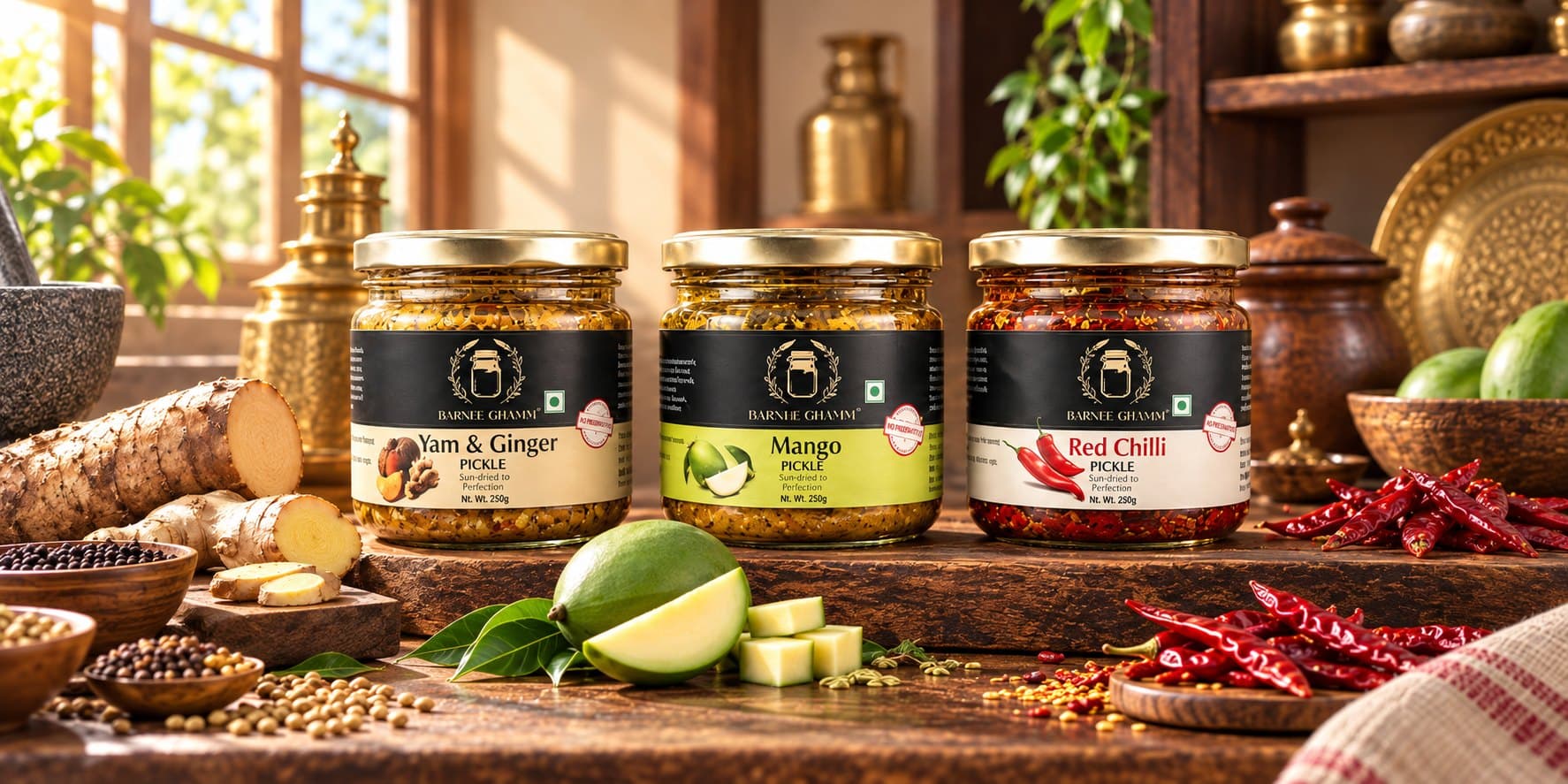 The three Barnee Ghamm jars — yam and ginger, mango and red chilli — on a wooden table with raw mango, ginger and dried chillies